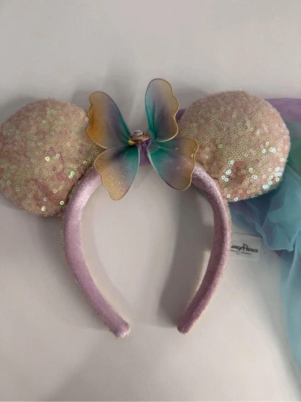 Disney Pastel Sequin Minnie Ears Headband with Butterfly and Veil
